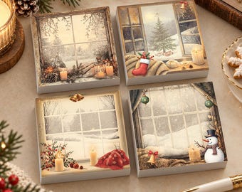 May include: A set of four square sticky note pads featuring winter holiday illustrations. Each pad displays a window view of a snowy landscape with festive elements like candles, a Christmas tree, a red stocking, a snowman, and bells.