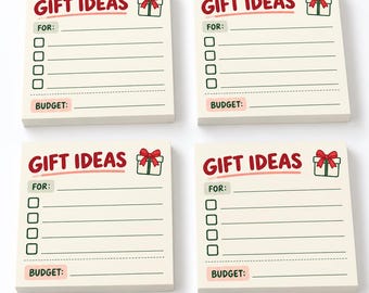 May include: Four square sticky note pads with a cream background. Each pad features the red text GIFT IDEAS, a small green gift box with a red bow, a green FOR label with four blank lines and checkboxes, and a pink BUDGET label with a blank line.