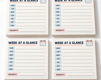 May include: Four square sticky note pads with a cream background. Each pad features the text WEEK AT A GLANCE, a calendar icon, and a list of days from Monday to Sunday with lines for notes. A pink box labeled PRIORITY is at the bottom.