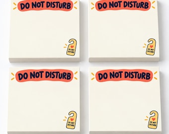 May include: Four square off-white sticky note pads arranged in a grid. Each pad features a red wavy banner at the top with the black text DO NOT DISTURB and a small yellow door hanger icon in the bottom right corner with a red heart.