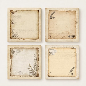 May include: Four square sheets of paper with a vintage aesthetic, featuring aged, tan-coloured edges and textures. Each sheet displays black ink illustrations of botanical elements, calligraphy, quills, and inkwells on a parchment-like background.