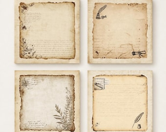 May include: Four square sheets of paper with a vintage aesthetic, featuring aged, tan-colored edges and textures. Each sheet displays black ink illustrations of botanical elements, calligraphy, quills, and inkwells on a parchment-like background.