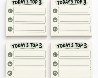May include: Four square sticky note pads with a cream background. Each pad features the text TODAY'S TOP 3 in dark green, with three numbered rows from 01 to 03, each containing a rectangular box and a horizontal line for writing tasks.