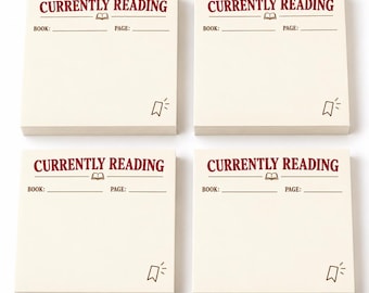 May include: Four square cream-colored sticky note pads arranged in a grid. Each pad features the dark red text CURRENTLY READING, a small book icon, lines for BOOK and PAGE, and a small brown bookmark icon in the bottom right corner.