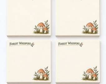 May include: Four square paper notepads with a cream background, each featuring the text Forest Whispers at the top left and a small illustration of two mushrooms with green foliage in the bottom right corner. The text 4 Pads Same Design appears below.