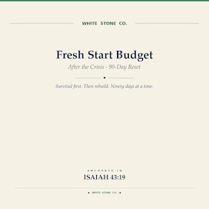 Op de afbeelding: Crèmekleurige afbeelding met de tekst "Fresh Start Budget" en "After the Crisis - 90-Day Reset." De tekst "Survival first. Then rebuild. Ninety days at a time." is ook aanwezig. De onderkant van de afbeelding luidt "Anchored in Isaiah 43:19."