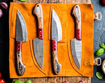 Damast 4 Stück Stahl Steakmesser Set | Benutzerdefinierte Handmade BBQ Küchenmesser | Handgeschmiedetes Kochmesser-Set, als Geschenk zum Jahrestag für Ihn