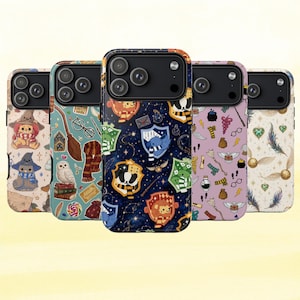 May include: Five smartphone cases featuring various magical-themed patterns. The designs include illustrations of owls, scarves, brooms, glasses, potions, and crests with animals in vibrant colors against light, dark blue, and purple backgrounds.
