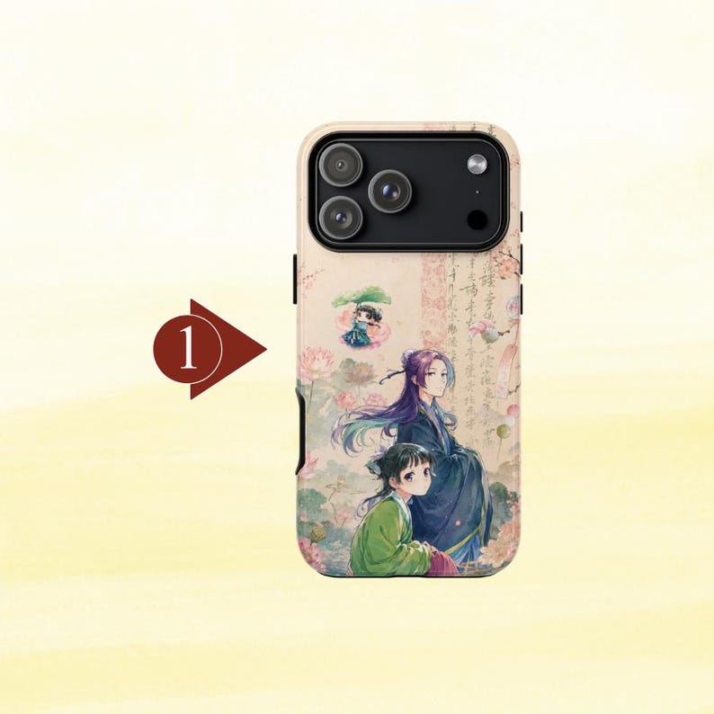 May include: A smartphone case featuring an anime-style illustration of two figures in traditional clothing amidst lotus flowers and calligraphy. One figure has long purple hair and a dark robe, while the other wears a green garment. A small number 1 icon.