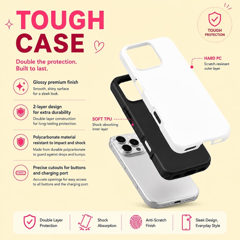 May include: A two-layer phone case featuring a white hard polycarbonate outer shell and a black soft TPU inner layer, shown disassembled above a smartphone. Text includes TOUGH CASE, HARD PC, SOFT TPU, and features like glossy finish and cutouts.