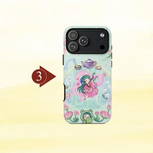May include: A light mint green smartphone case featuring a central illustration of a character with teal hair in a pink outfit, surrounded by lotus flowers, a teapot, and a small frog-like figure, with a dark camera module at the top.