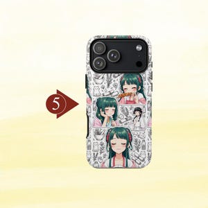 May include: A smartphone case featuring a repeating pattern of a green-haired character in various poses, interspersed with line art illustrations of mortar and pestle sets, small cats, scrolls, and glass bottles on a white background.