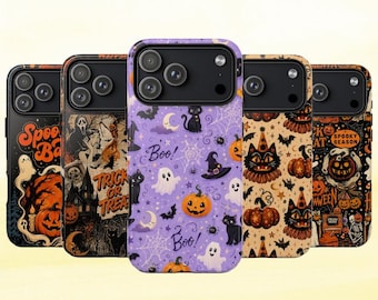 Halloween Ghost Faux Patchwork Phone Case, Pumpkin Bat iPhone, Cozy Cottagecore Autumn Compatible With iPhone 11 -17, Samsung S21 - S26