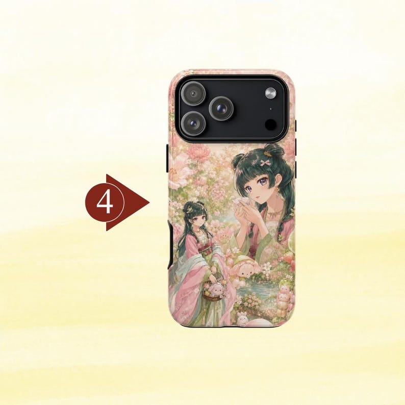 May include: A smartphone case featuring an anime-style illustration of two figures in traditional-inspired pink and green robes standing in a floral garden with small creatures. The case has a black camera module with three lenses and a flash.