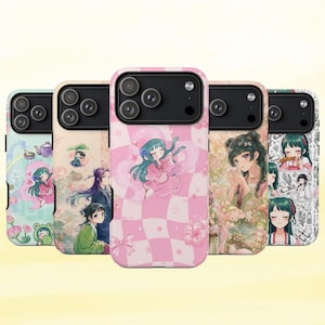 May include: Five smartphone cases featuring anime-style illustrations of characters with dark green hair. The designs include soft pink checkerboard patterns, floral motifs, tea sets, and various character poses in pastel color palettes.