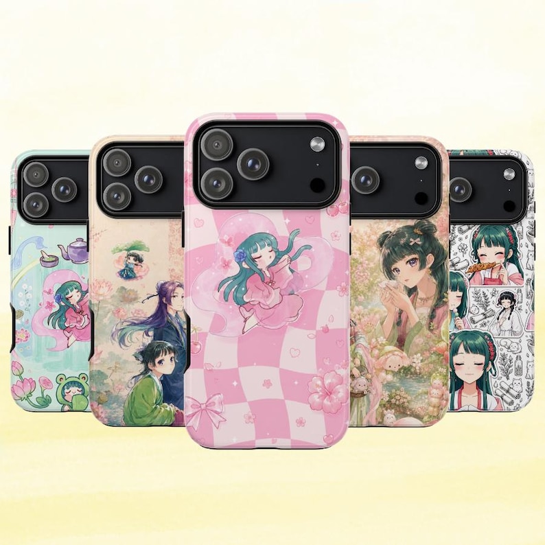 May include: Five smartphone cases featuring anime-style illustrations of characters with dark green hair. The designs include soft pink checkerboard patterns, floral motifs, tea sets, and various character poses in pastel color palettes.