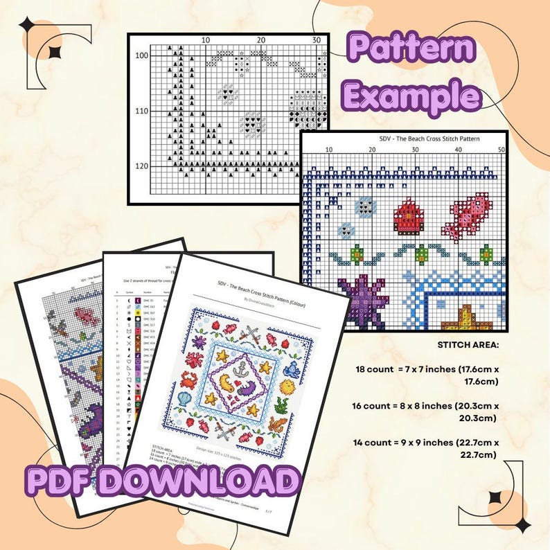 May include: A PDF download for a cross-stitch pattern with a beach theme. The image shows examples of the pattern, including a grid and a completed design with sea creatures and nautical elements. The text "Pattern Example" and "PDF Download" are visible.