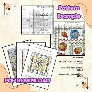 May include: A collection of cross-stitch patterns, including a detailed grid and examples of finished designs. The image includes the text "Pattern Example" and "PDF DOWNLOAD", with stitch area measurements in inches and centimeters.
