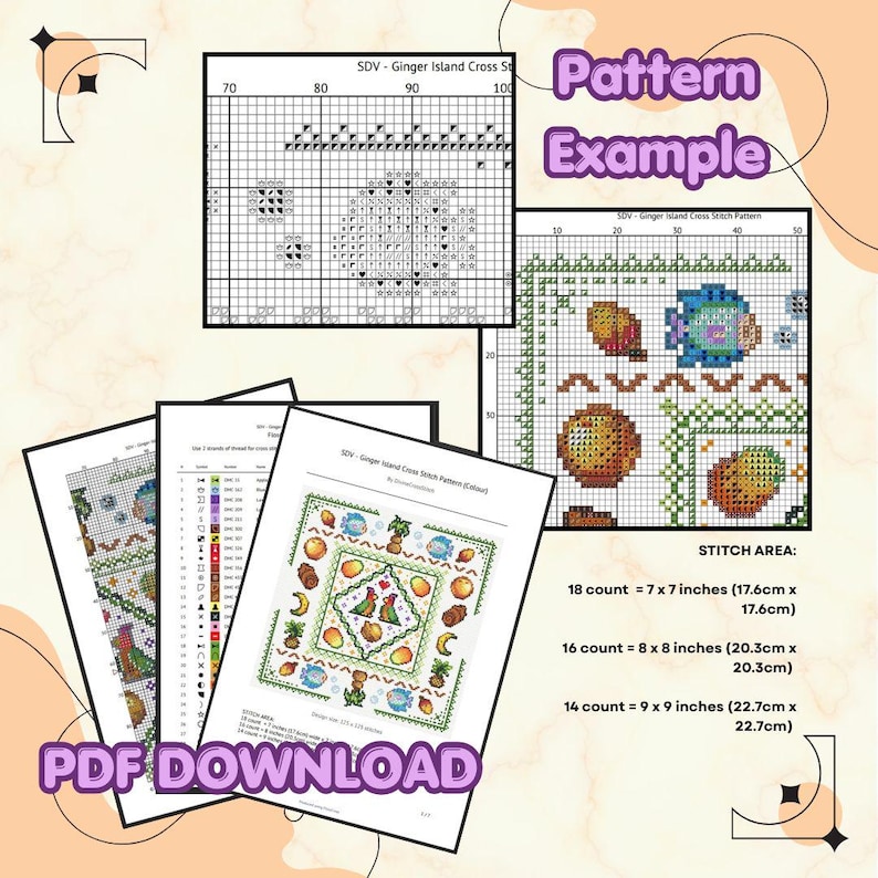 May include: A collection of cross-stitch patterns, including a detailed grid and examples of finished designs. The image includes the text "Pattern Example" and "PDF DOWNLOAD", with stitch area measurements in inches and centimeters.