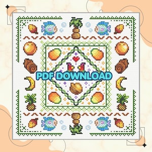 May include: Cross-stitch pattern with a tropical theme. The design features fruits, fish, palm trees, and birds, all arranged in a square pattern with a green border. The text "PDF DOWNLOAD" is in the center.