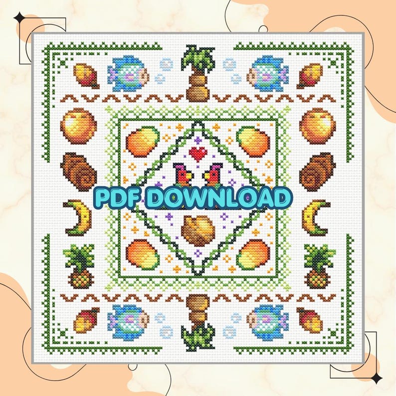 May include: Cross-stitch pattern with a tropical theme. The design features fruits, fish, palm trees, and birds, all arranged in a square pattern with a green border. The text "PDF DOWNLOAD" is in the center.
