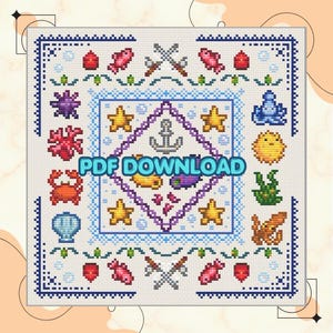 May include: A cross-stitch pattern featuring a nautical theme with an anchor, starfish, and various sea creatures. The design includes the text "PDF DOWNLOAD" in a blue and white color scheme.
