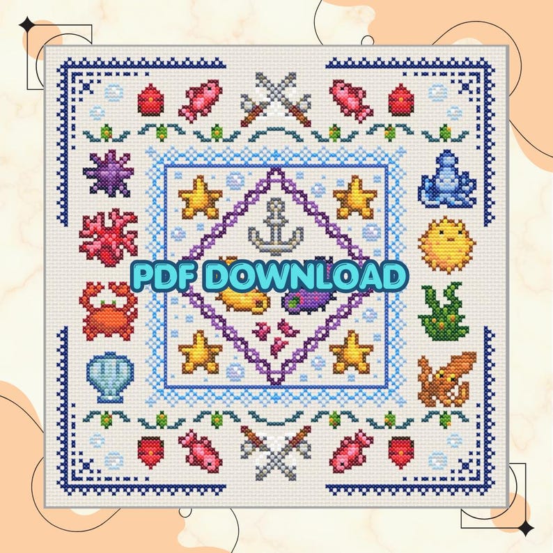 May include: A cross-stitch pattern featuring a nautical theme with an anchor, starfish, and various sea creatures. The design includes the text "PDF DOWNLOAD" in a blue and white color scheme.