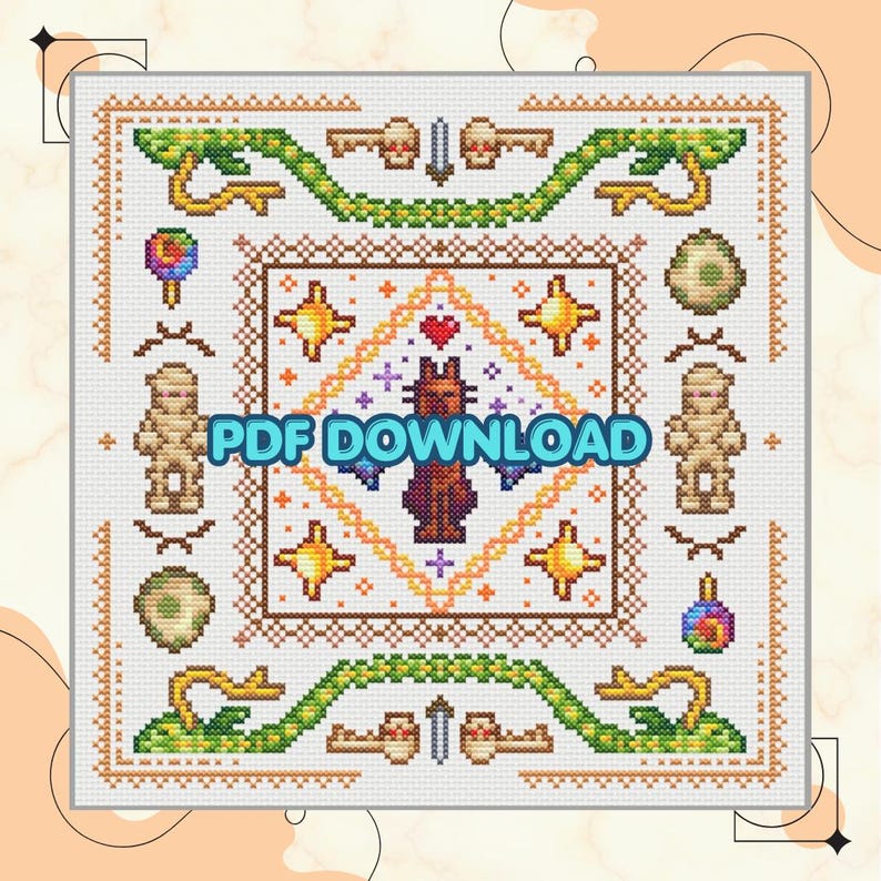 Puede incluir: Un patr&oacute;n de punto de cruz con una figura central en forma de murci&eacute;lago, rodeada de formas geom&eacute;tricas, estrellas y elementos decorativos. El texto "PDF DOWNLOAD" est&aacute; superpuesto al dise&ntilde;o. La paleta de colores incluye marr&oacute;n, dorado, verde y azul.
