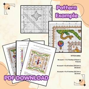 Puede incluir: Una descarga en PDF para un patr&oacute;n de punto de cruz, con ejemplos y medidas del &aacute;rea de puntada. Los ejemplos de patrones son en blanco y negro, y el &aacute;rea de puntada es de 17,6 cm x 17,6 cm, 20,3 cm x 20,3 cm y 22,7 cm x 22,7 cm.
