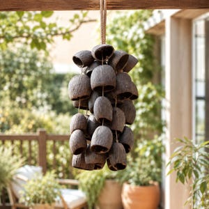 Peut inclure: Un carillon suspendu composé de nombreux segments de coques de noix de coco évidés, de couleur brun foncé, suspendus à une corde épaisse en fibre naturelle. Les morceaux de coque sont disposés en un groupe dense et vertical.
