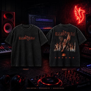 May include: Black washed t-shirts with the word "ILLENIUM" in orange on the front and a graphic on the back. The back graphic features a winged figure and the word "ASCEND". The shirts are 100% cotton and oversized.