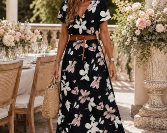Boho V Neck Maxi Dress, Floral Summer Dress, Short Sleeve Vacation Dress, Casual Beach Wedding Guest Dress for Women