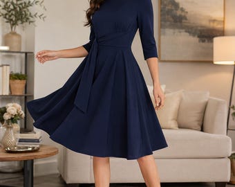 Cocktail Dress, Blue, Elegant, Retro House Dress, U Neck Dress, Navy Blue, Lace Up Waist,  Round Neck Dress, Mid Sleeve Dress