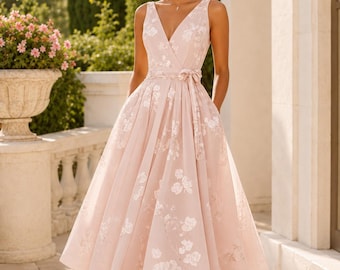 Floral V Neck Midi Dress, Elegant A Line Wedding Guest Gown, Blush Pink Feminine Occasion Dress