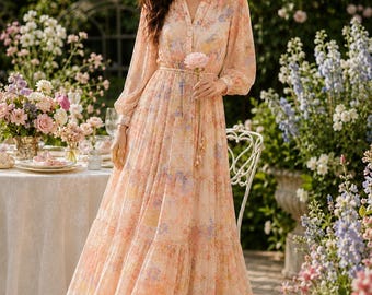 Pastel Floral Midi Dress, Long Sleeve Garden Party Dress, Romantic Vintage Spring Dress, Wedding Guest Dress