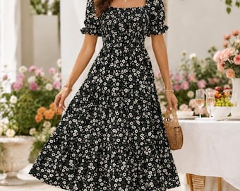 Square Neck Floral Dress, Puff Sleeve Summer Dress, Elegant A Line Midi Dress, Garden Party Wedding Guest Dress
