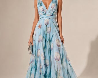 Floral Maxi Dress Women, Formal Summer Dress, Sleeveless Evening Gown, Wedding Guest Bridesmaid Dress