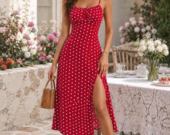 Spaghetti Strap Summer Dress, Floral Polka Dot Midi Dress, Wedding Guest Beach Dress, Vacation Dress for Women