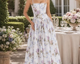 Floral Strap Maxi Dress, Sleeveless Summer Dress, Pink White Wedding Guest Dress, Garden Party Vacation Dress