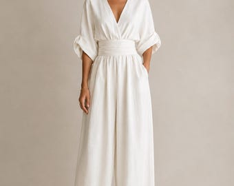 Elegant V Neck Jumpsuit Women, Waist Cinching Summer Outfit, Wide Leg Wedding Guest Formal Wear