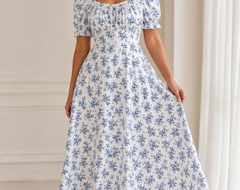 Puff Sleeve Ruffle Dress, Elegant Summer Midi Dress, Floral Party Dress, Wedding Guest Cocktail Dress for Women