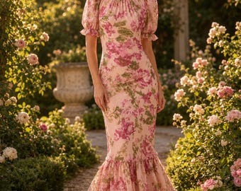 Floral Puff Sleeve Maxi Dress, Elegant Boho Summer Dress, Flowy Wedding Guest Cocktail Prom Gown