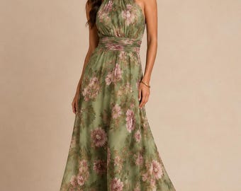 Vintage Floral Halter Maxi Dress, Elegant Wedding Guest Gown, Women's 90s Inspired Summer Ball Dress