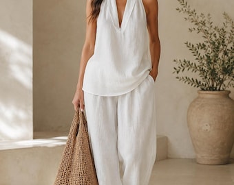 Halter V Neck Two Piece Set, Womens Summer Pants Set, Sleeveless Wide Leg Outfit, Casual Lounge Set