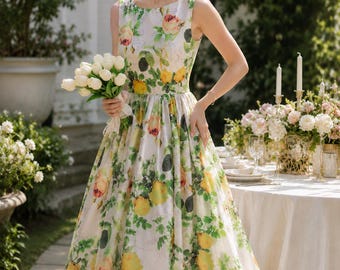 Yellow Floral Midi Dress, Sleeveless Summer Garden Party Dress, French Cottagecore Wedding Guest Dress for Women