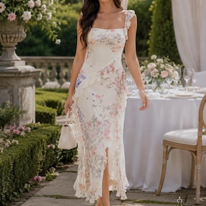Pode incluir: Um vestido midi na cor creme com uma delicada estampa floral em tons de rosa, azul e verde. O vestido possui decote quadrado, alças com babados, corpete estilo envelope com babados em cascata na parte frontal e uma fenda lateral.