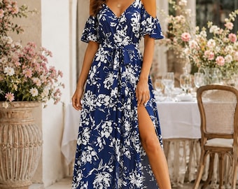 Floral Halter Maxi Dress, V Neck Summer Dress, Beach Vacation Dress, Wedding Guest Boho Dress for Women