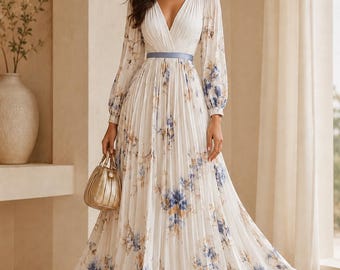 Floral Pleated Maxi Dress Women, V Neck Long Sleeve Dress, Elegant Wedding Guest Party Dress, Romantic A Line Gown