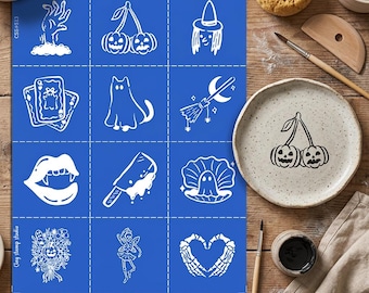 12 disegni serigrafici per ceramica a tema Halloween / Stencil riutilizzabile per decorazione sottosmalto su ceramica (21,5 x 28 cm) CSS#513