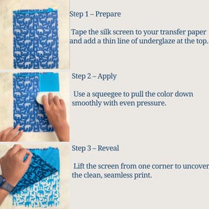Pu&ograve; includere: Una guida passo passo per la serigrafia. Il processo prevede la preparazione dello schermo serigrafico, l'applicazione del colore con una spatola e la rivelazione della stampa. Lo schermo presenta un motivo blu con sagome di animali bianchi. Il testo include "Fase 1 - Preparare", "Fase 2 - Applicare" e "Fase 3 - Rivelare".